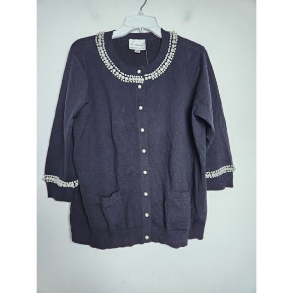 NWOT Linea by Louis Dell'Olio Black w/ White Pearls Cotton Button Up Cardigan 1X - Picture 1 of 8